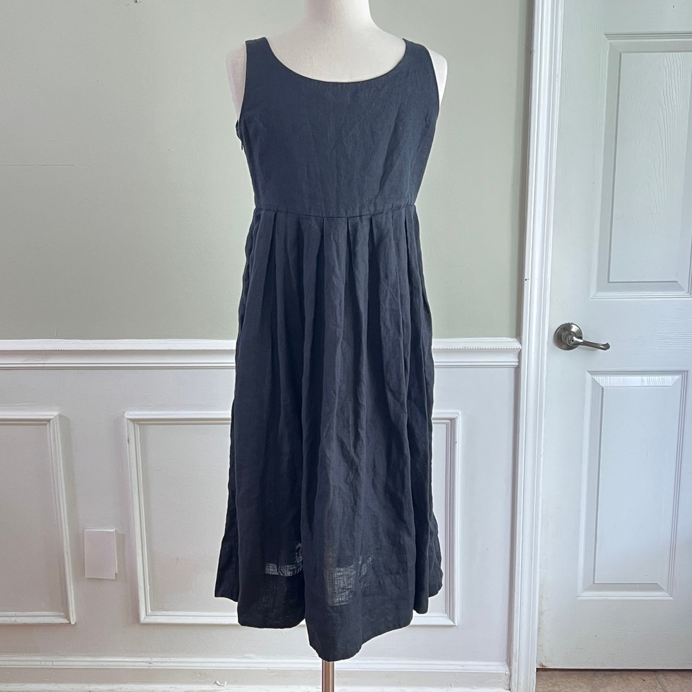 Banana Republic Linen Empire‎ Waist Dress Womens 6 Pleated Sleeveless Black Midi - Picture 8 of 8